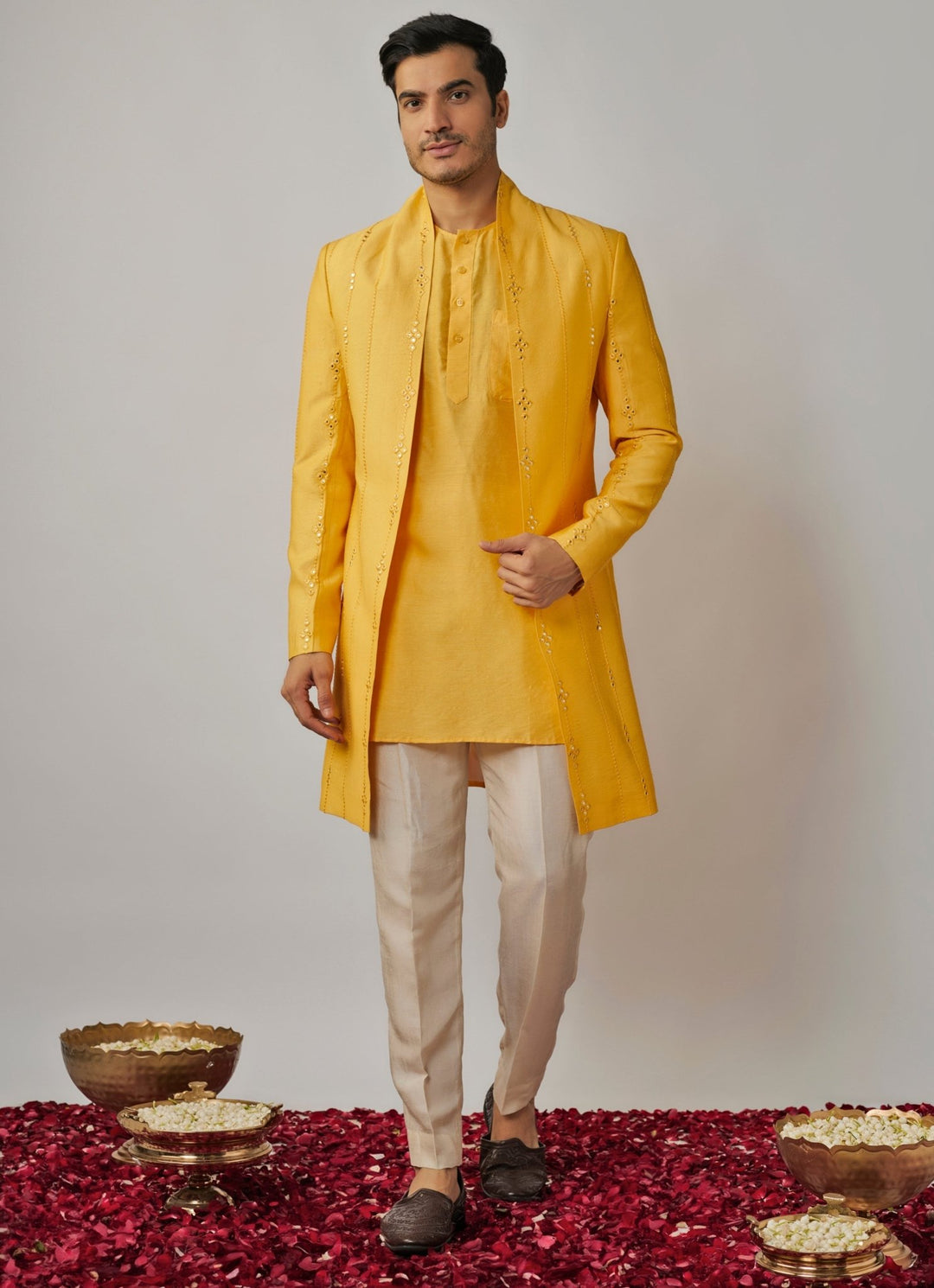 Yellow Kurta Set with Embroidered Jacket Renee Label - Men - Fabilicious Fashion