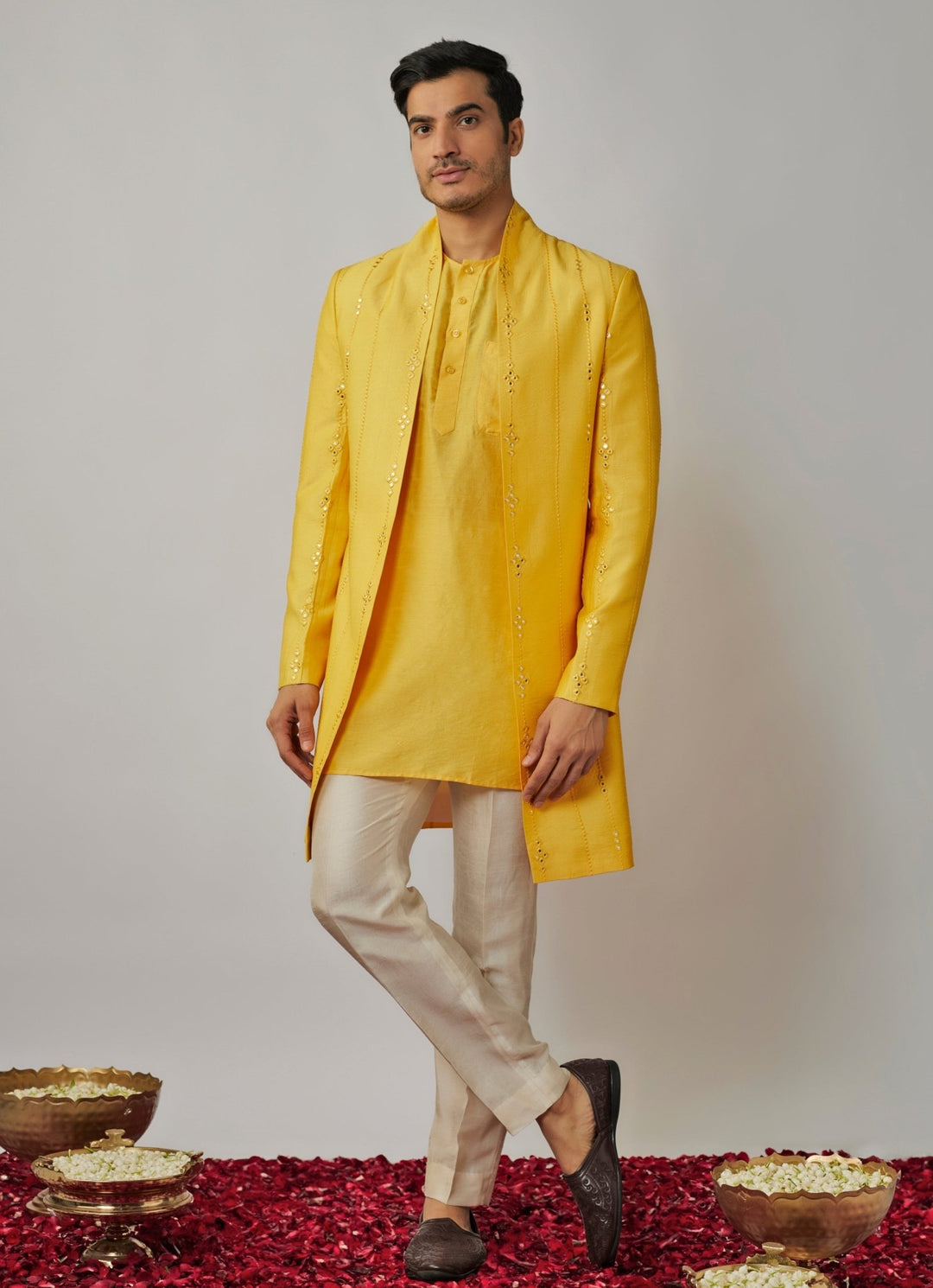 Yellow Kurta Set with Embroidered Jacket Renee Label - Men - Fabilicious Fashion