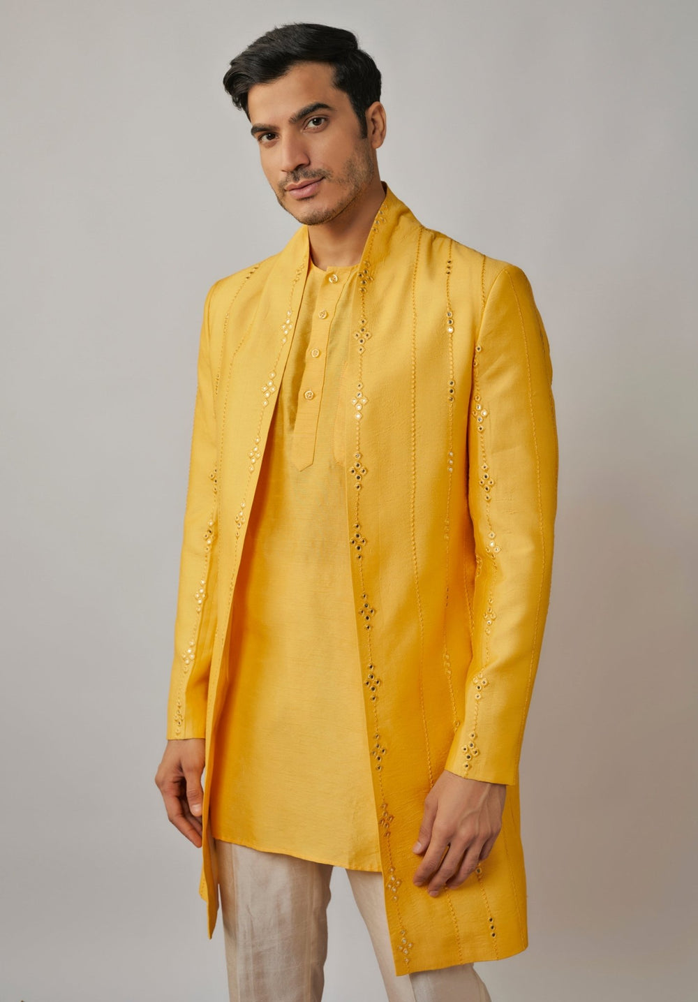 Yellow Kurta Set with Embroidered Jacket Renee Label - Men - Fabilicious Fashion