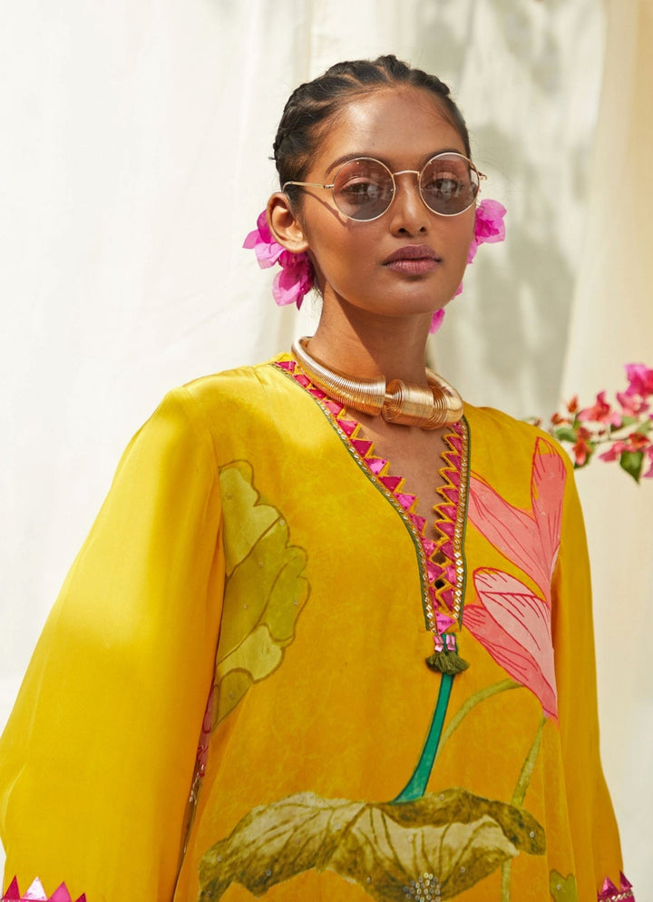 Yellow Lotus Printed Kurta Sharara Set Basil Leaf - Fabilicious Fashion
