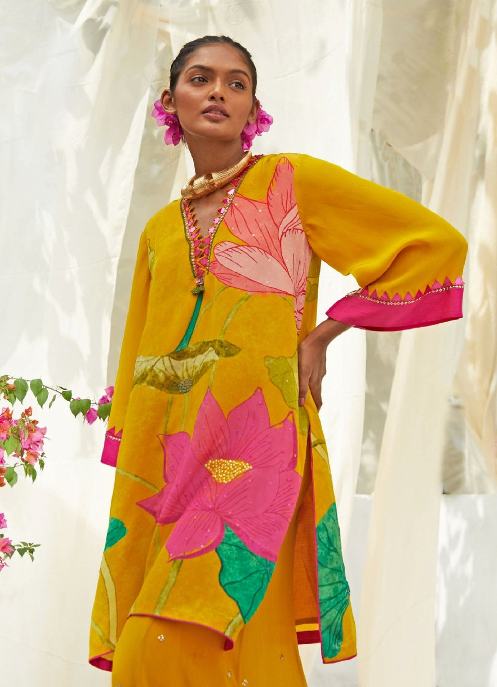 Yellow Lotus Printed Kurta Sharara Set Basil Leaf - Fabilicious Fashion