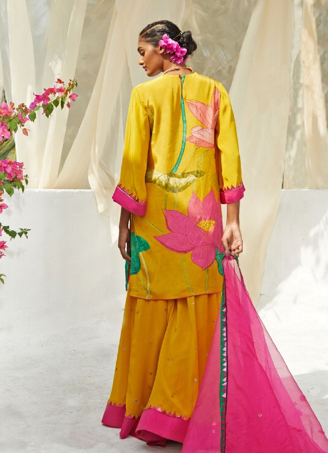 Yellow Lotus Printed Kurta Sharara Set Basil Leaf - Fabilicious Fashion