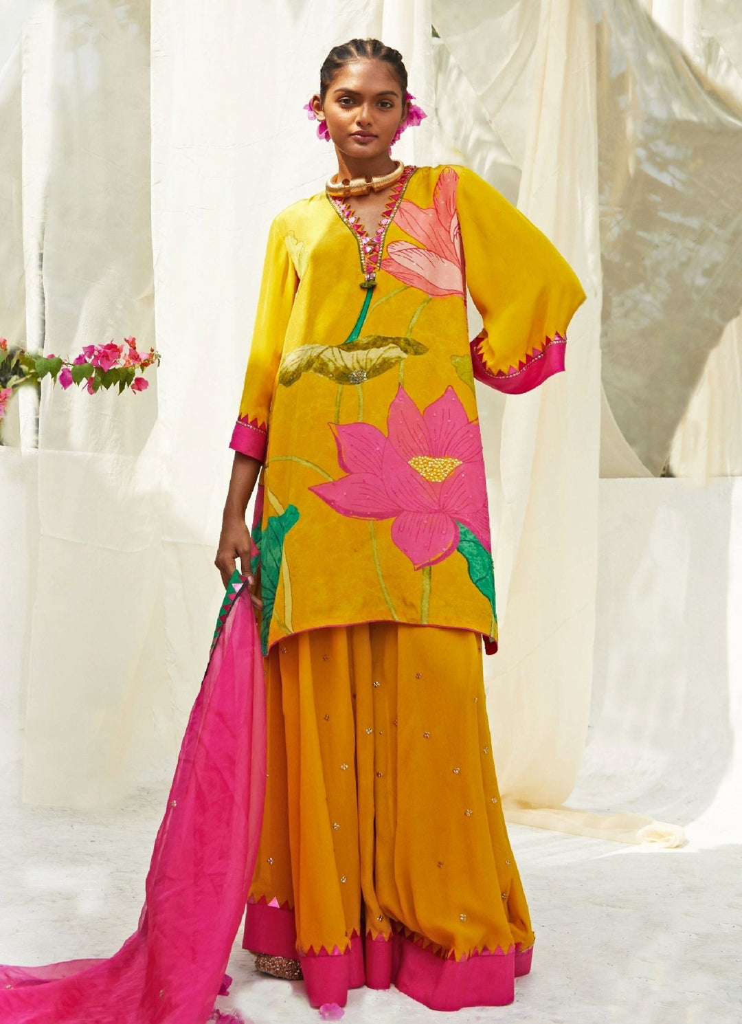 Yellow Lotus Printed Kurta Sharara Set Basil Leaf - Fabilicious Fashion