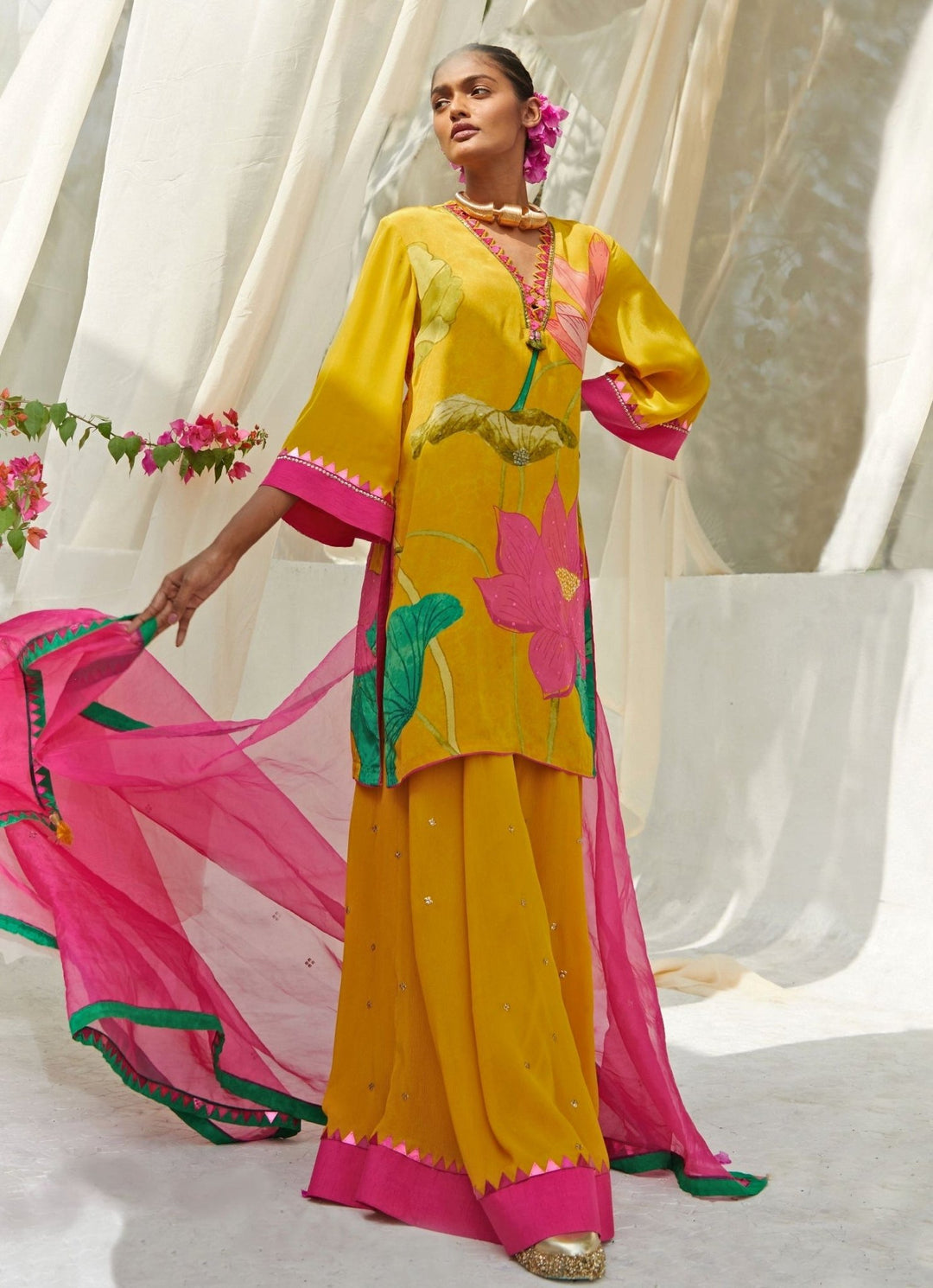Yellow Lotus Printed Kurta Sharara Set Basil Leaf - Fabilicious Fashion