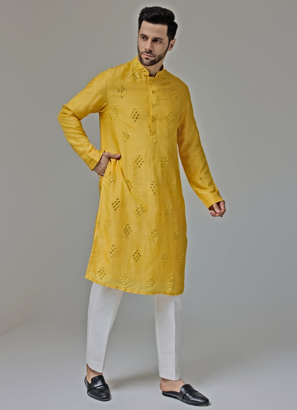 Yellow Mirror Embroidery Kurta Pant Chatenya Mittal - Fabilicious Fashion