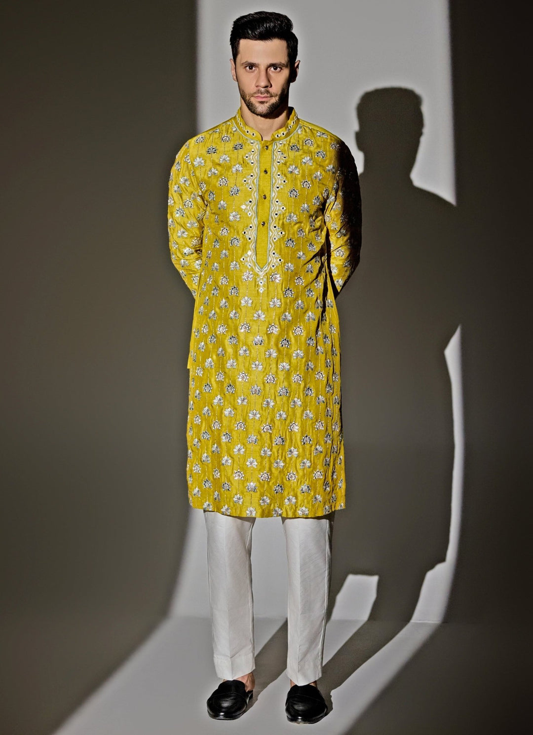Yellow Mirror Embroidery Silk Kurta Set Chatenya Mittal - Fabilicious Fashion