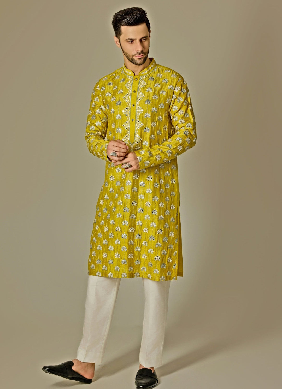 Yellow Mirror Embroidery Silk Kurta Set Chatenya Mittal - Fabilicious Fashion