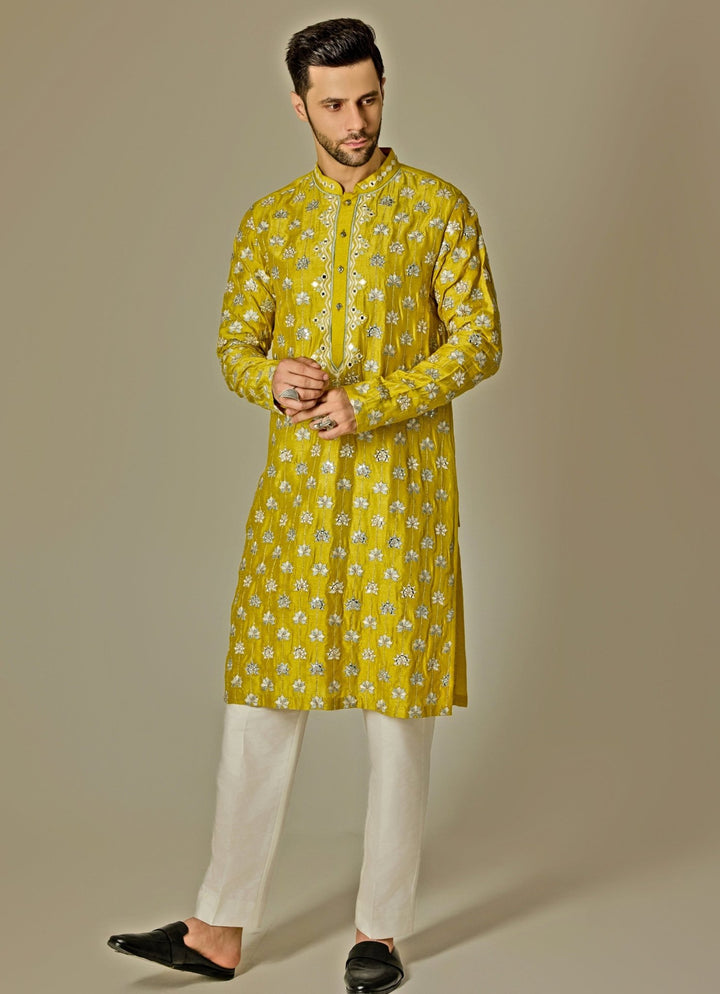 Yellow Mirror Embroidery Silk Kurta Set Chatenya Mittal - Fabilicious Fashion