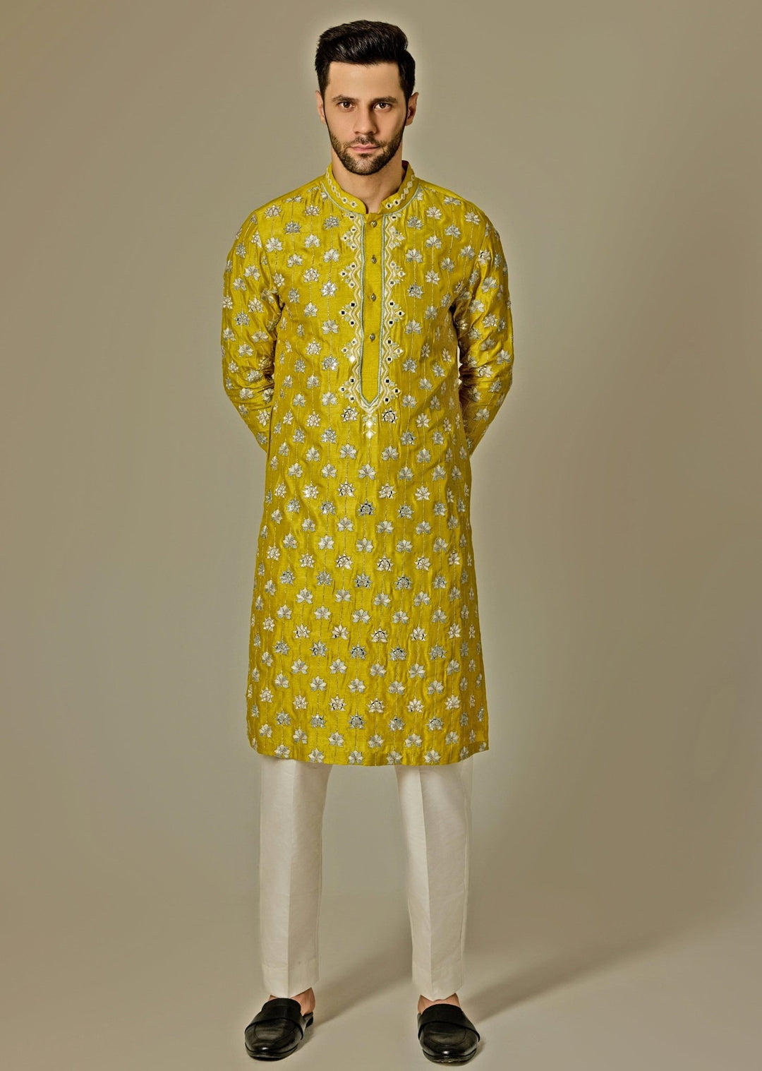 Yellow Mirror Embroidery Silk Kurta Set Chatenya Mittal - Fabilicious Fashion