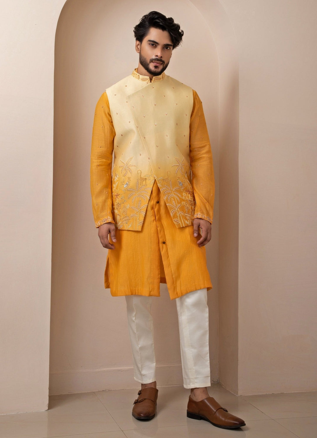 Yellow Ombre Embroidered Chanderi Nehru Jacket Smriti - Fabilicious Fashion