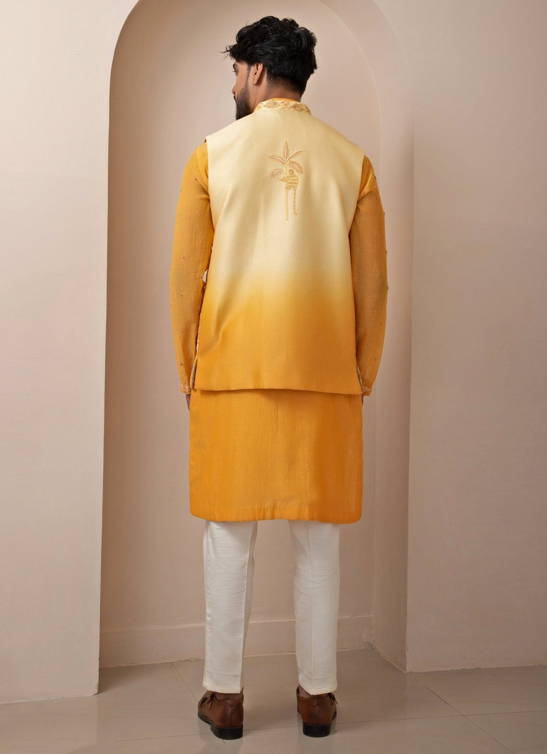 Yellow Ombre Embroidered Chanderi Nehru Jacket Smriti - Fabilicious Fashion