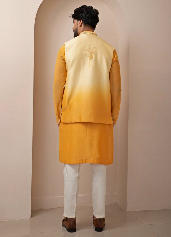 Yellow Ombre Embroidered Chanderi Nehru Jacket Smriti - Fabilicious Fashion