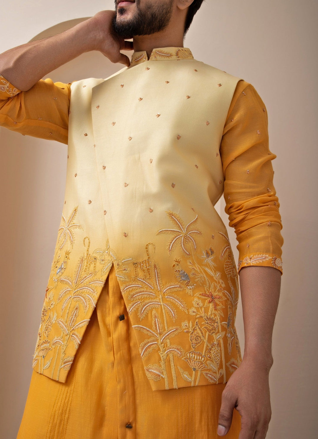 Yellow Ombre Embroidered Chanderi Nehru Jacket Smriti - Fabilicious Fashion