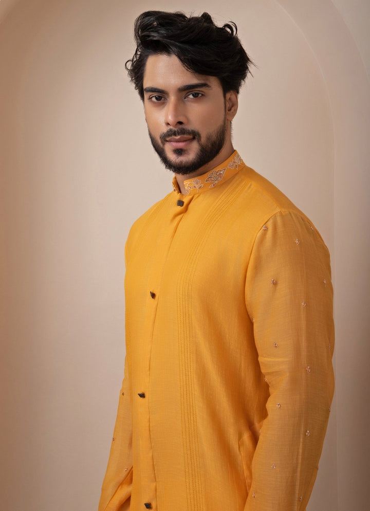 Yellow Ombre Embroidered Nehru Jacket With Kurta Pant Set Smriti - Fabilicious Fashion
