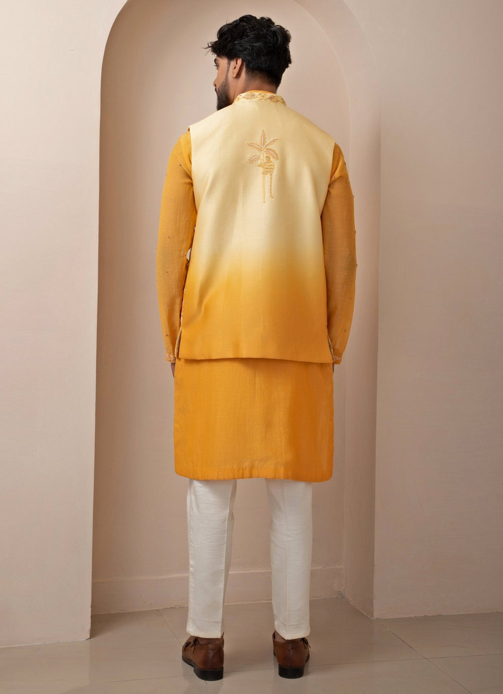Yellow Ombre Embroidered Nehru Jacket With Kurta Pant Set Smriti - Fabilicious Fashion