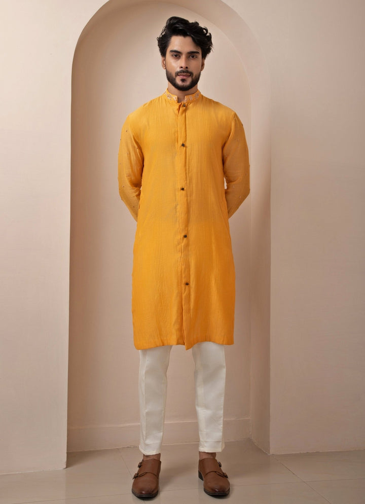 Yellow Ombre Embroidered Nehru Jacket With Kurta Pant Set Smriti - Fabilicious Fashion