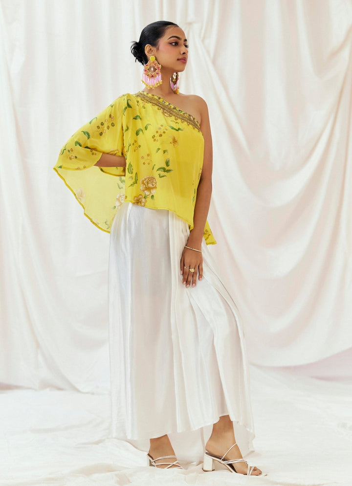 Yellow One Shoulder Cape And Drape Skirt Set Redpine - Fabilicious Fashion