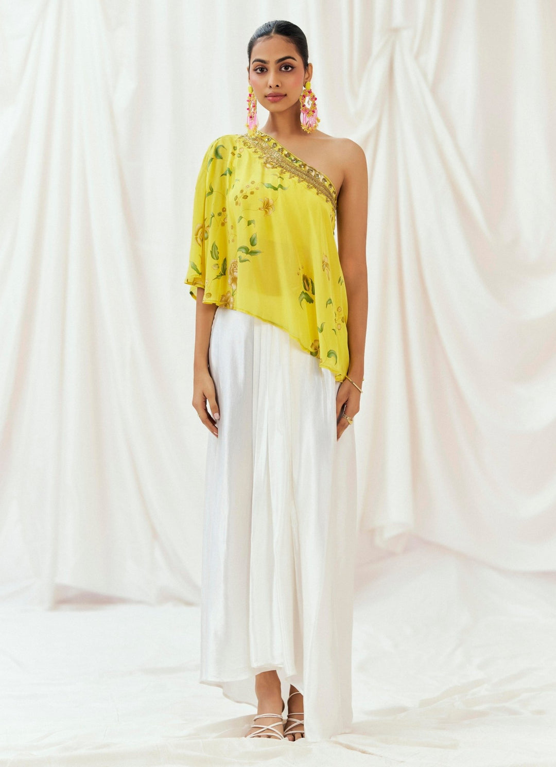 Yellow One Shoulder Cape And Drape Skirt Set Redpine - Fabilicious Fashion