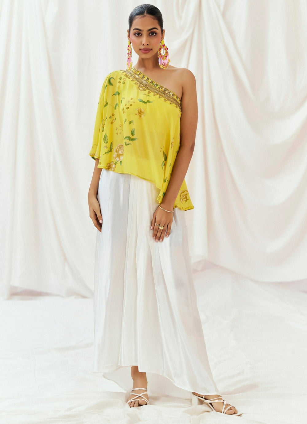 Yellow One Shoulder Cape And Drape Skirt Set Redpine - Fabilicious Fashion