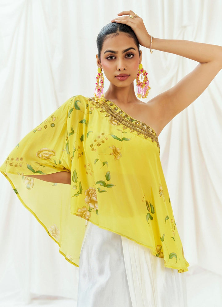 Yellow One Shoulder Cape And Drape Skirt Set Redpine - Fabilicious Fashion