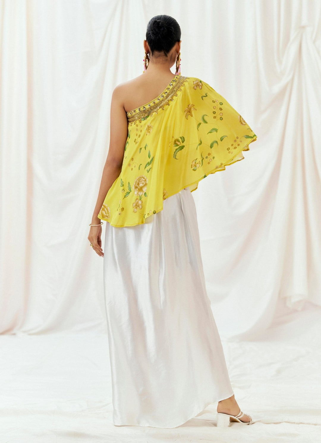Yellow One Shoulder Cape And Drape Skirt Set Redpine - Fabilicious Fashion