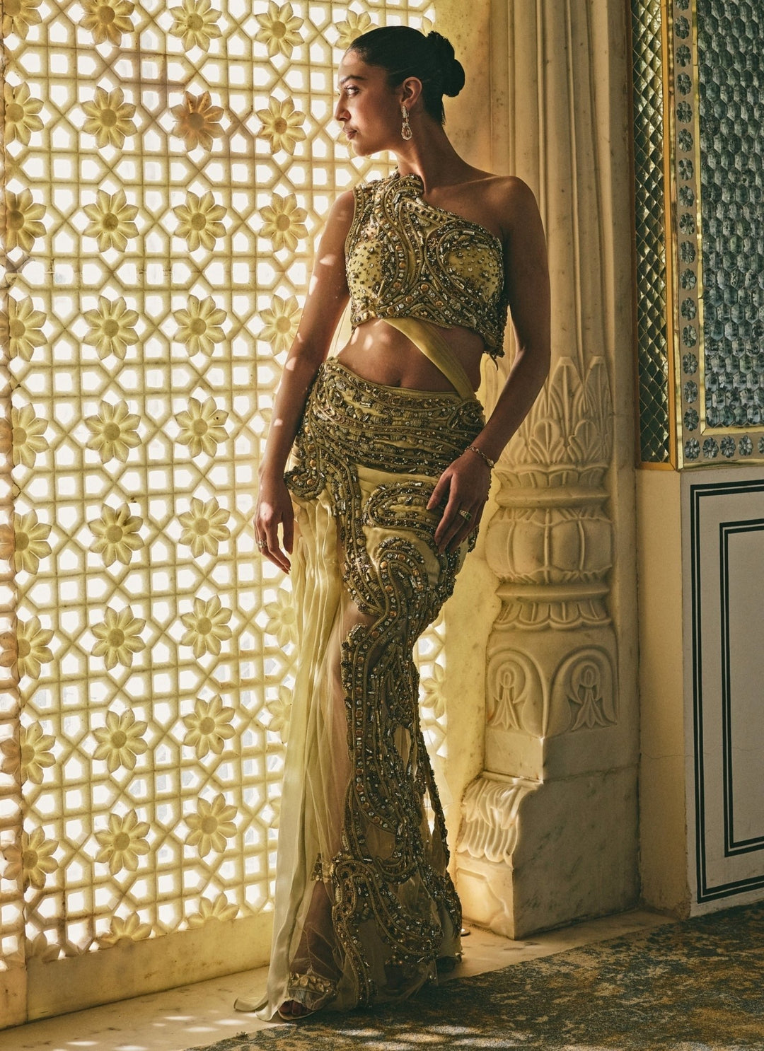 Moledro Yellow One Shoulder Georgette Pre-Draped Saree GownFabilicious Fashion