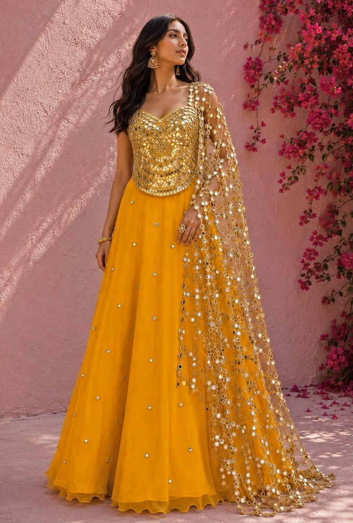 Anisha Shetty Yellow Organza Lehenga Set with Corset BlouseFabilicious Fashion