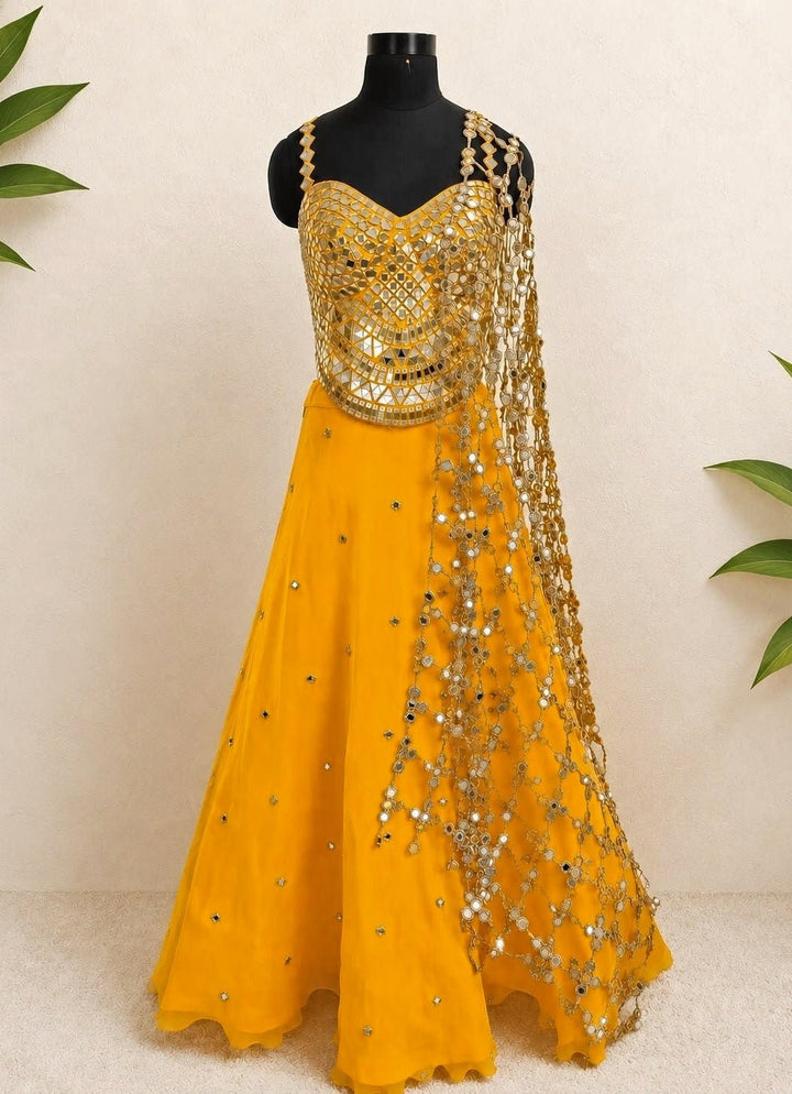 Anisha Shetty Yellow Organza Lehenga Set with Corset BlouseFabilicious Fashion