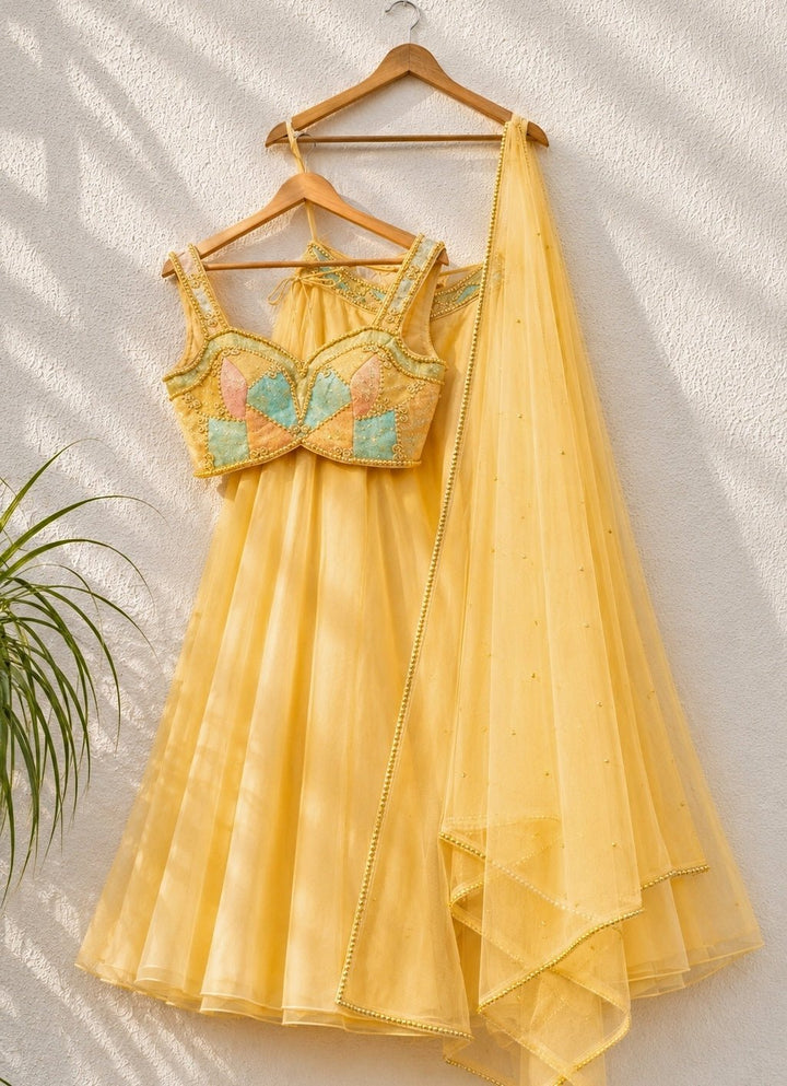 Yellow Organza Lehenga Set With Multicolour Blouse Anisha Shetty - Fabilicious Fashion