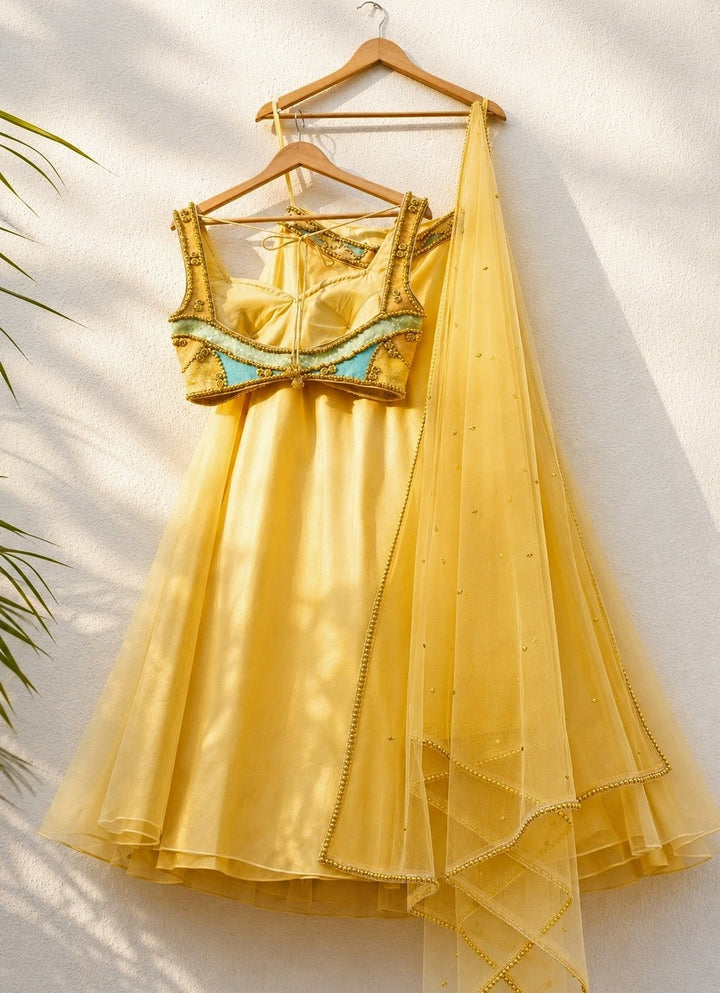 Yellow Organza Lehenga Set With Multicolour Blouse Anisha Shetty - Fabilicious Fashion