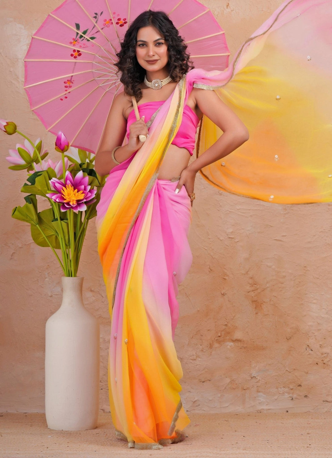 Geroo Jaipur Yellow & Pink Shaded Chiffon SareeFabilicious Fashion