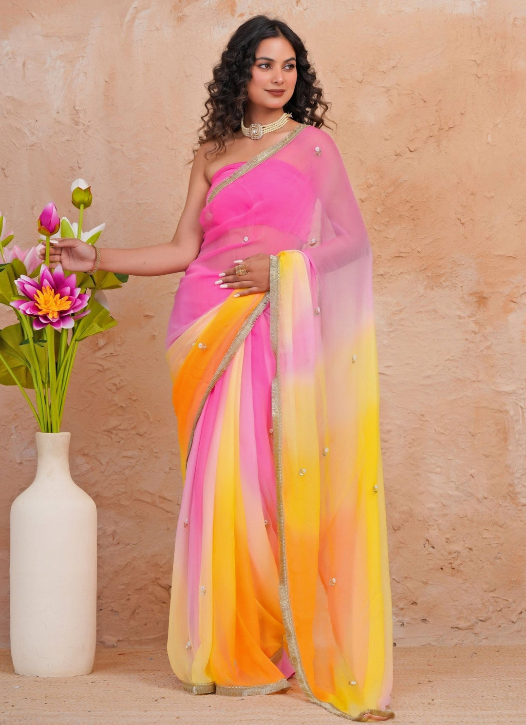 Geroo Jaipur Yellow &amp; Pink Shaded Chiffon SareeFabilicious Fashion
