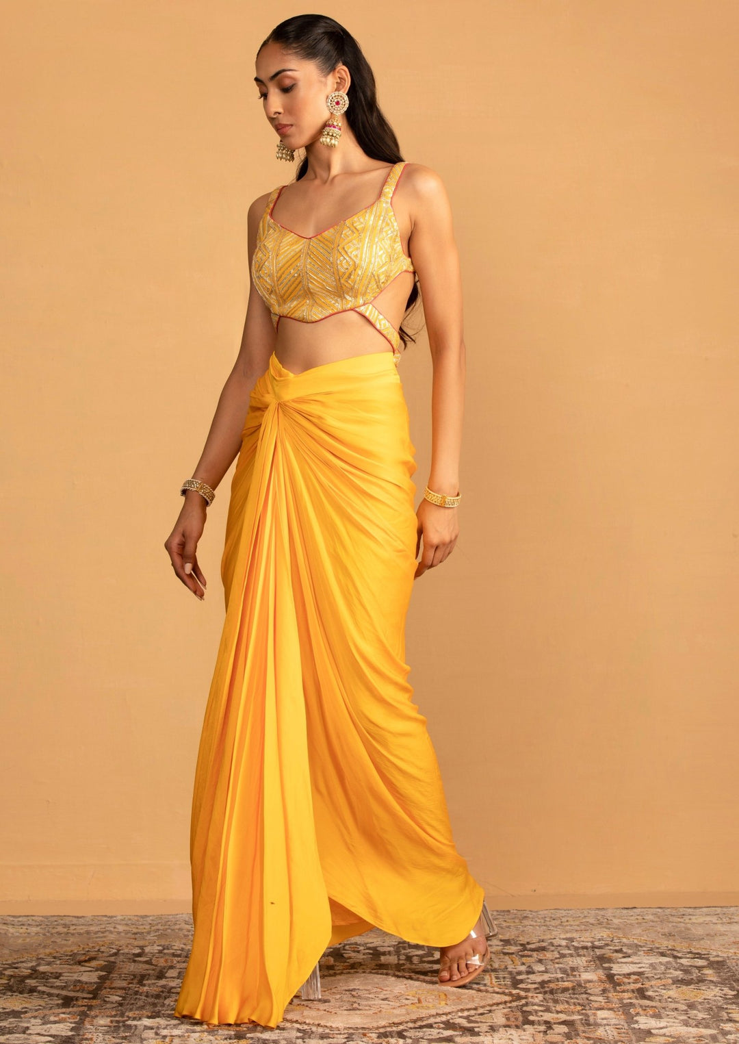 Yellow Pre - Draped Dhoti Top Set Esha Koul - Fabilicious Fashion