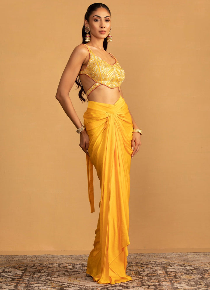 Yellow Pre - Draped Dhoti Top Set Esha Koul - Fabilicious Fashion