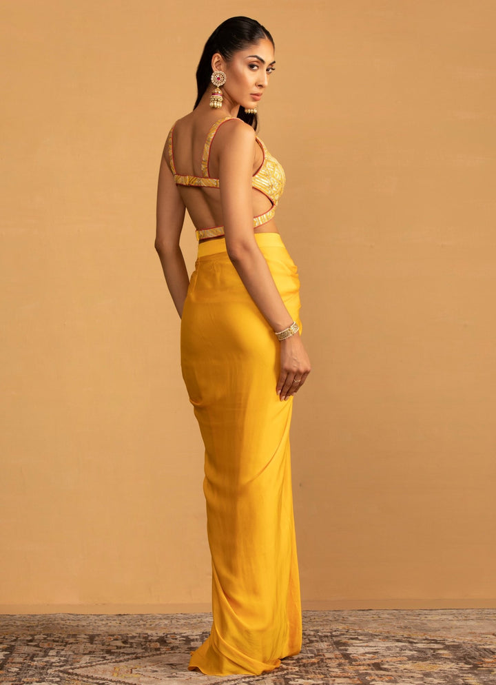 Yellow Pre - Draped Dhoti Top Set Esha Koul - Fabilicious Fashion