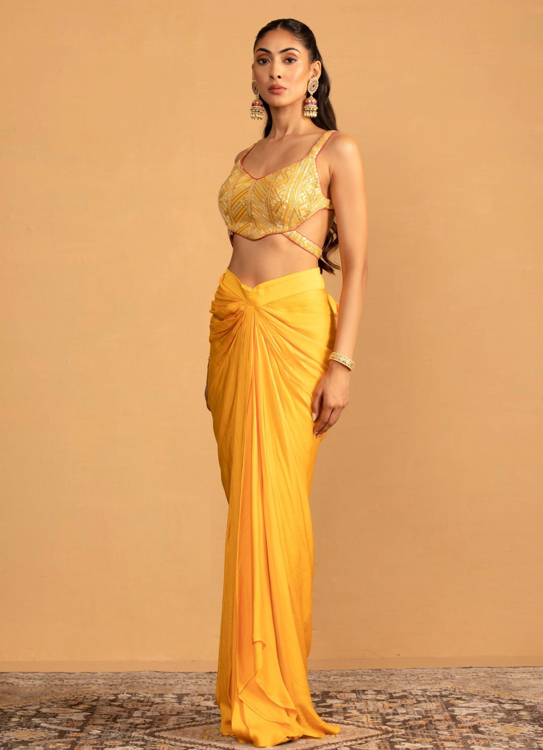 Yellow Pre - Draped Dhoti Top Set Esha Koul - Fabilicious Fashion
