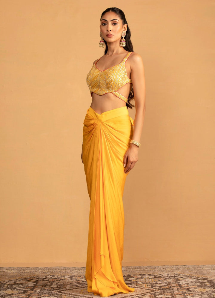 Yellow Pre - Draped Dhoti Top Set Esha Koul - Fabilicious Fashion