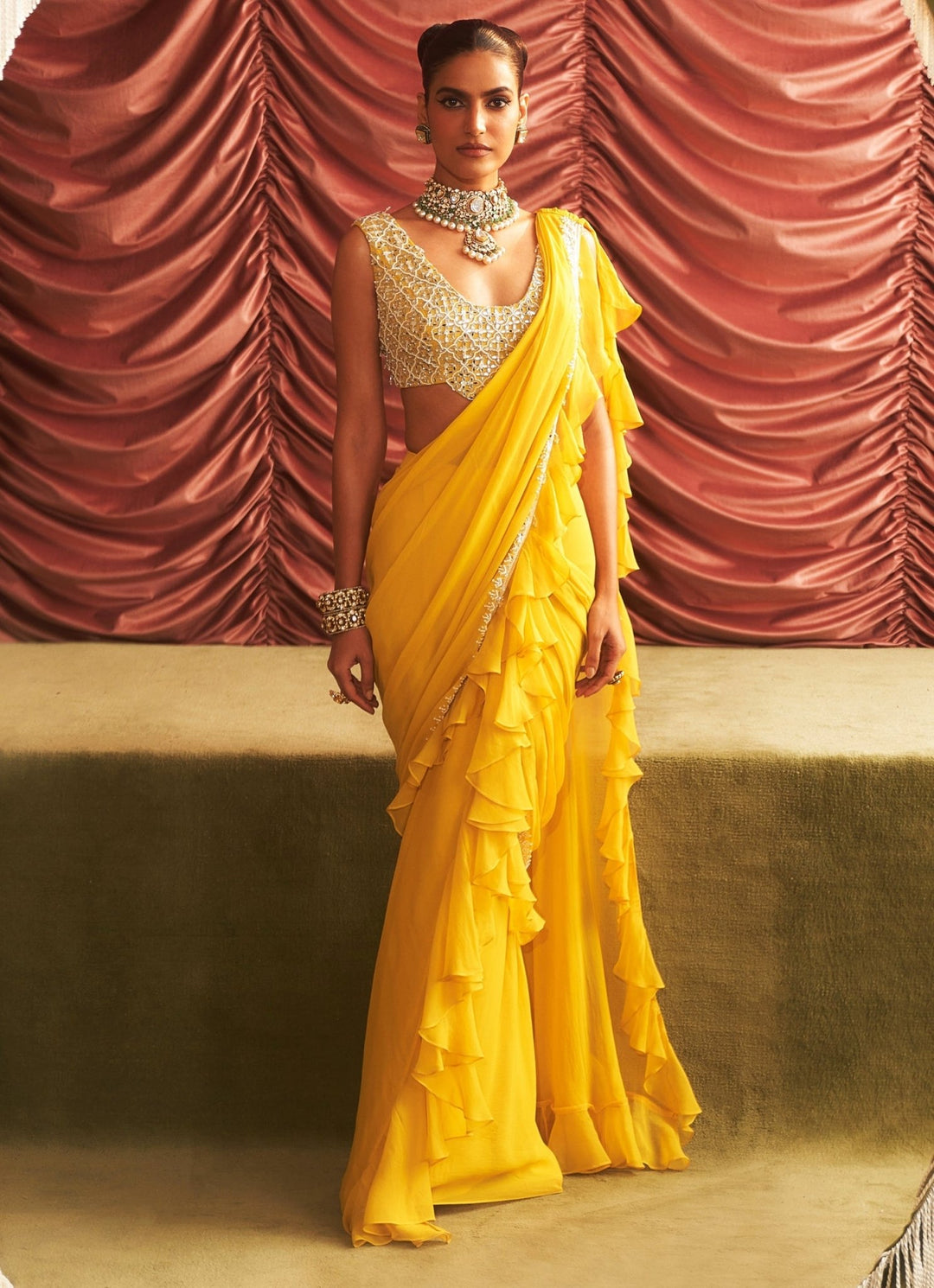 Yellow Pre Draped Georgette Ruffle Saree Set Seema Thukral - Fabilicious Fashion