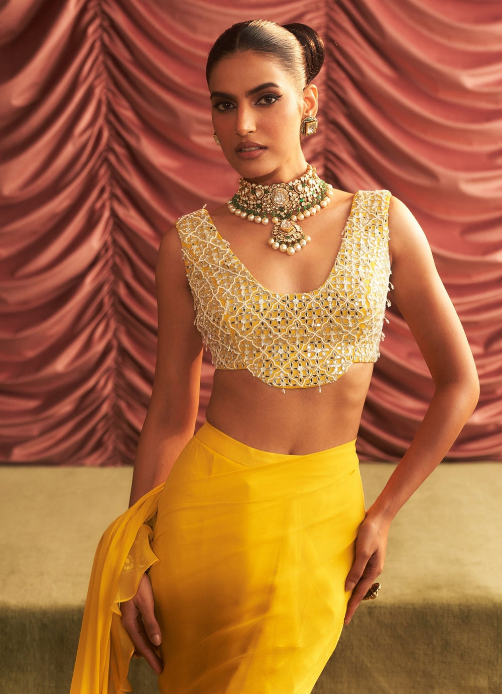 Yellow Pre Draped Georgette Ruffle Saree Set Seema Thukral - Fabilicious Fashion