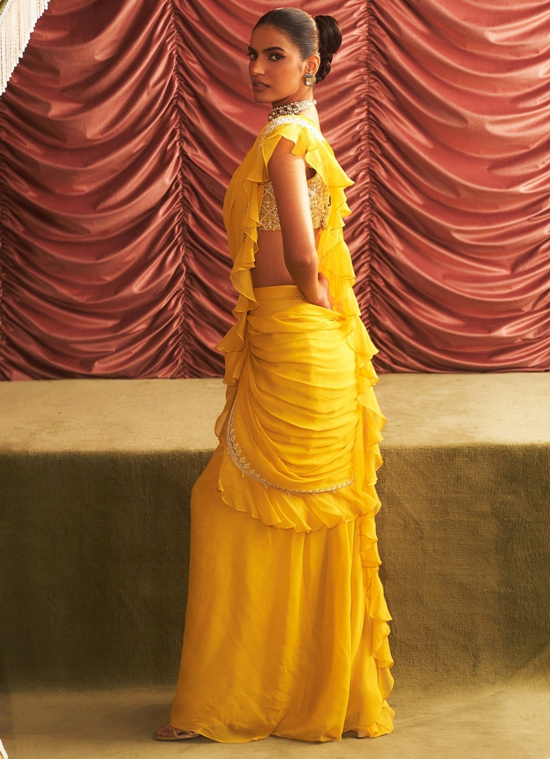 Yellow Pre Draped Georgette Ruffle Saree Set Seema Thukral - Fabilicious Fashion