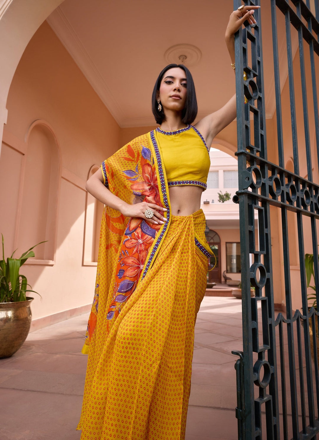 Yellow Pre - Stitched Bandhani Organza Saree Isha Gupta Tayal - Fabilicious Fashion