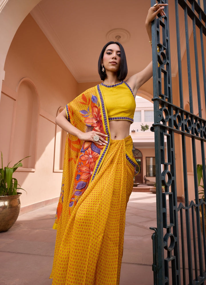 Yellow Pre - Stitched Bandhani Organza Saree Isha Gupta Tayal - Fabilicious Fashion