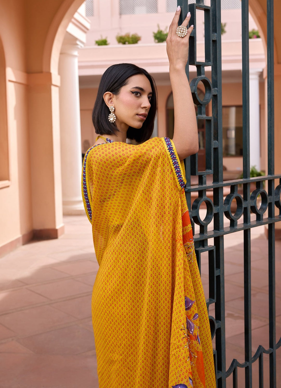 Yellow Pre - Stitched Bandhani Organza Saree Isha Gupta Tayal - Fabilicious Fashion