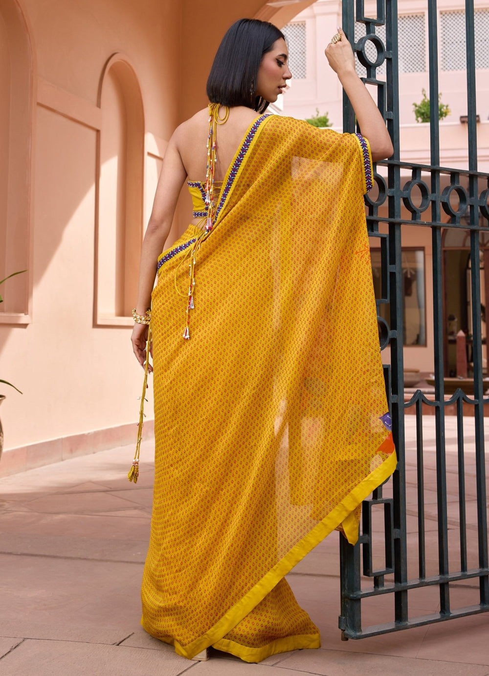 Yellow Pre - Stitched Bandhani Organza Saree Isha Gupta Tayal - Fabilicious Fashion