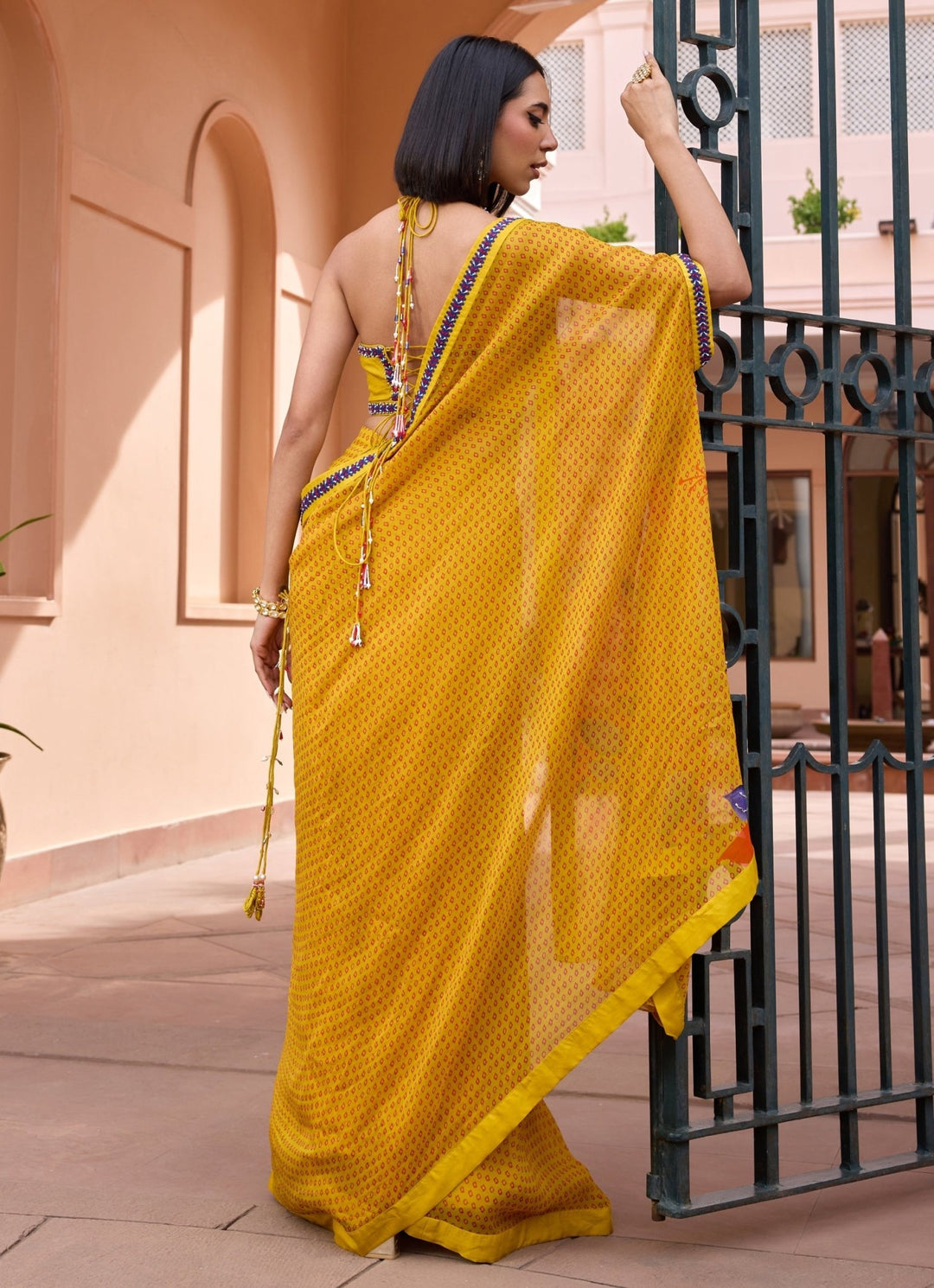 Yellow Pre - Stitched Bandhani Organza Saree Isha Gupta Tayal - Fabilicious Fashion