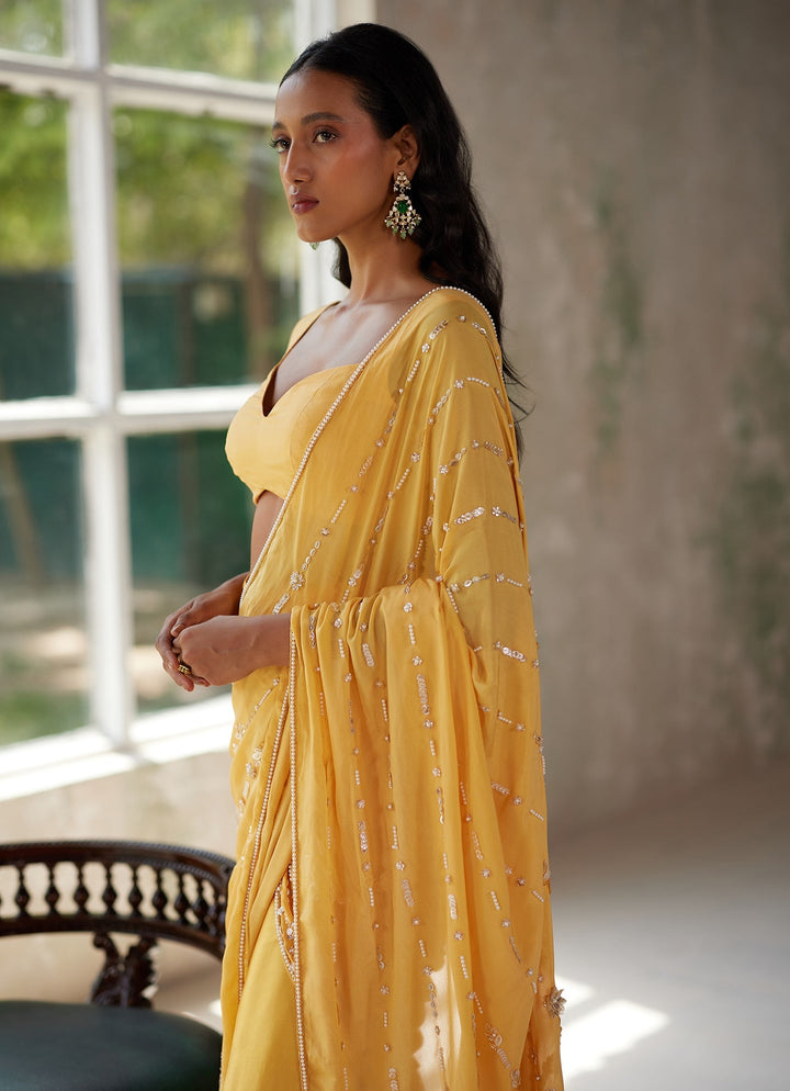 Yellow Pre - Stitched Satin and Chiffon Saree Zoon Tribe - Fabilicious Fashion