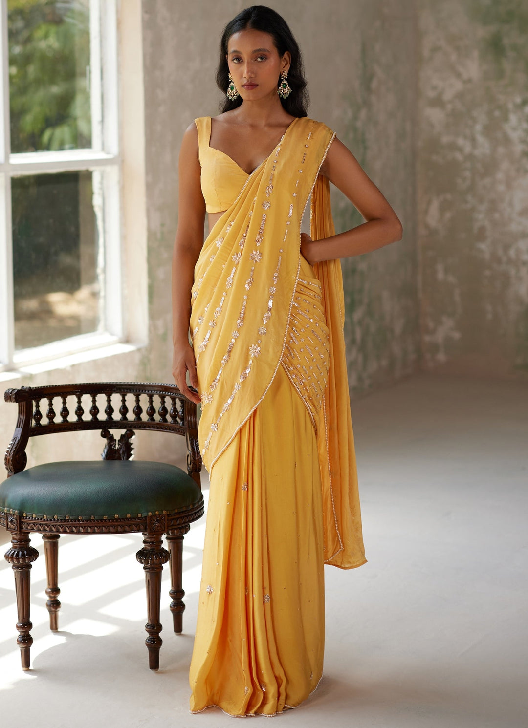 Yellow Pre - Stitched Satin and Chiffon Saree Zoon Tribe - Fabilicious Fashion