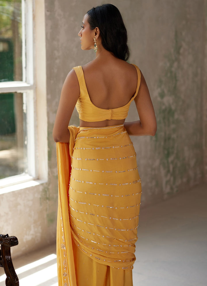 Yellow Pre - Stitched Satin and Chiffon Saree Zoon Tribe - Fabilicious Fashion