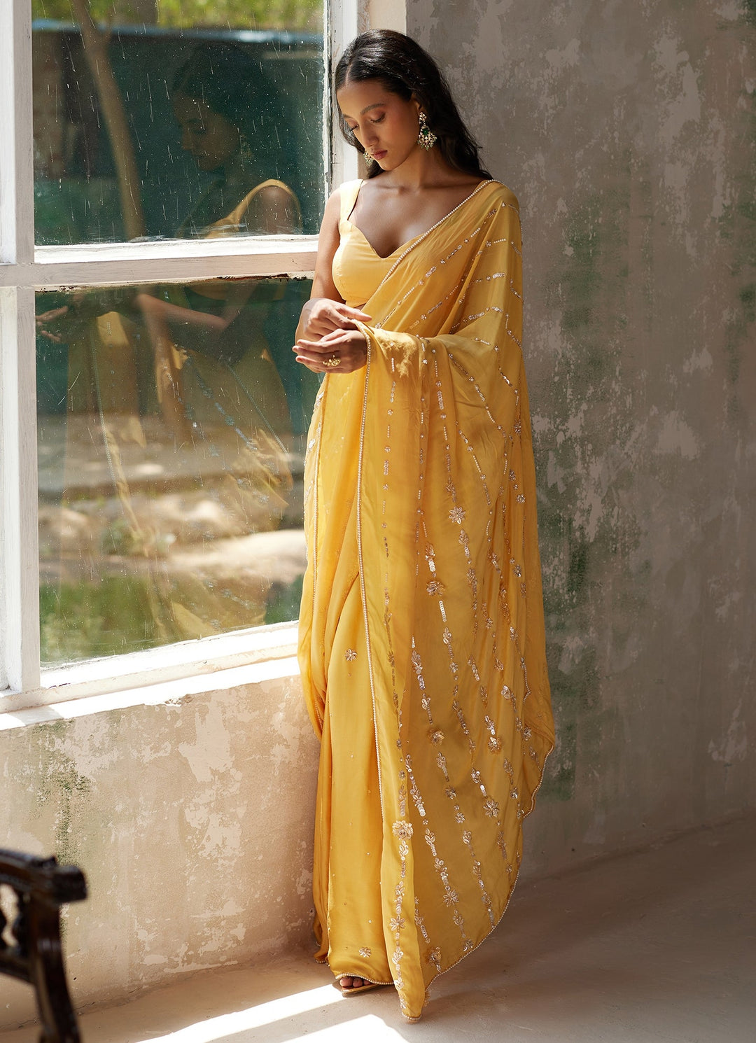 Yellow Pre - Stitched Satin and Chiffon Saree Zoon Tribe - Fabilicious Fashion