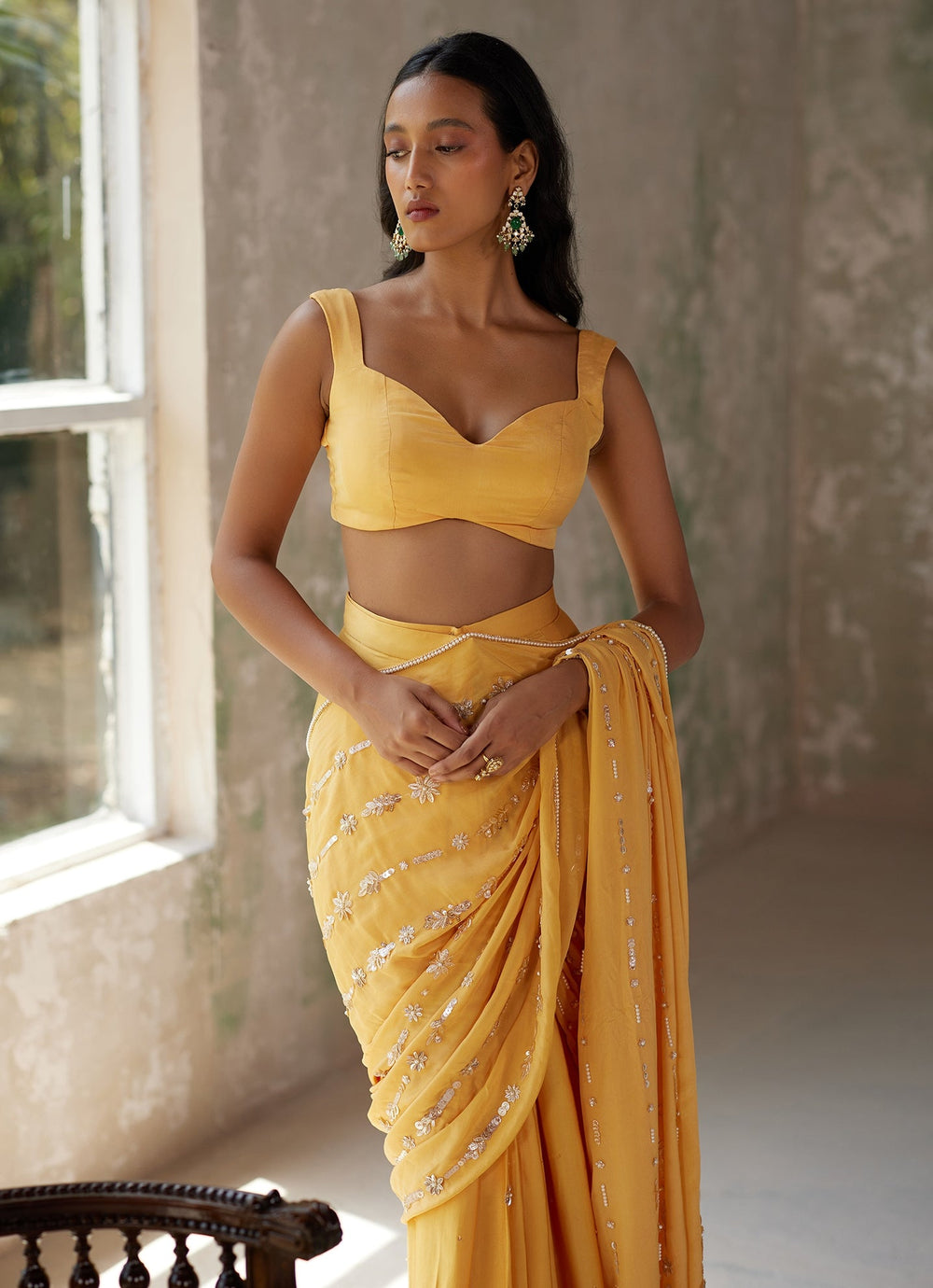 Yellow Pre - Stitched Satin and Chiffon Saree Zoon Tribe - Fabilicious Fashion